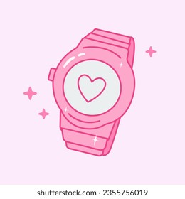 y2k pink watch. Teen girl of 00s electronic clock with heart. Cute nostalgia icon. Glamour princess fashion aesthetic. Vector illustration