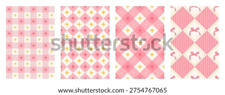 Y2k Pink and White Seamless Pattern Set. Checkered, gingham and diagonal plaid backgrounds with star and ribbon bow. Cute print for wrapping paper and textile. Vector illustration collection