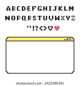 y2k Pixel alphabet and pixel message boxed. Vector illustration.