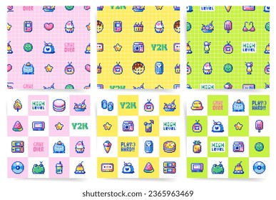 Y2K Pixel Art Aesthetic Set. Seamless Vector Patterns with Retro 80s an 90s Gaming Consoles, Cute Pixelated Animals, and Hipster Tech Gadgets. Vintage Arcade Style Backgrounds for Modern Geeky Design.