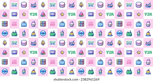 Y2K Pixel Art Background. Retro 80s and 90s Design with Cartoon Frog, Tasty Watermelon and Ice Cream. Seamless Vector Pattern, Arcade Computer Game Motif, Kid's Wallpaper Decoration in Pink and White
