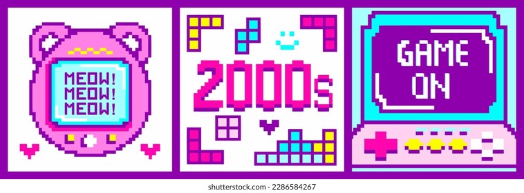 Y2K pixel art, frames for text, slogans.Retro gaming devices screens, 90s-00s throwback aesthetic.Kawaii e-girl items, 8-bit user interface elements, message boxes.Square vector print, baby pink color