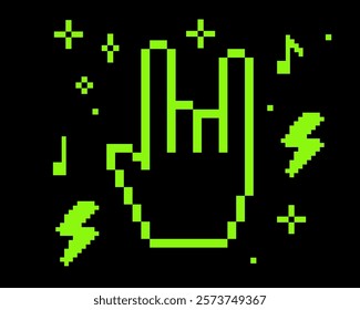 Y2k pixel art hand with rock gesture. Abstract game background. Pixel music note, stars. Futuristic retro vector poster for party, concert. Punk, bold, groovy. Vector green elements. Black background