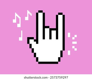 Y2k pixel art hand with rock gesture. Rocker. Abstract game elements. Music notes. Cool retro editable pixel vector illustration for music festival, party, concert. Punk, bold, groovy. Pink background