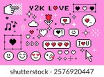 Y2k pixel art icon set with hearts, smile face and speech bubbles. Mood of 90's. 8 bit editable pixel vector illustration. Game abstract Happy Valentines Day elements. Modern collage sticker pack