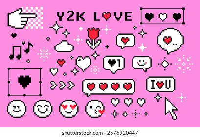 Y2k pixel art icon set with hearts, smile face and speech bubbles. Mood of 90's. 8 bit editable pixel vector illustration. Game abstract Happy Valentines Day elements. Modern collage sticker pack