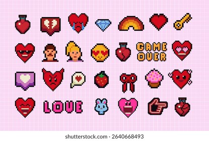 Y2k pixel art icon set with hearts, smile face and speech bubbles. Mood of 90's. 8 bit editable pixel vector illustration. Game abstract Happy Valentines Day elements.