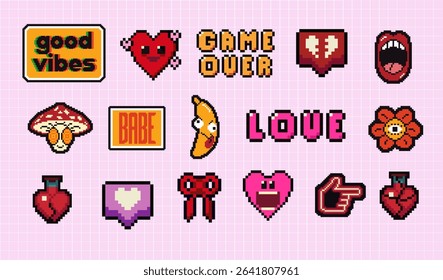 Y2k pixel art icon set with hearts, smile face and speech bubbles. Mood of 90's. 8 bit editable pixel vector illustration. Game abstract Happy Valentines Day elements.