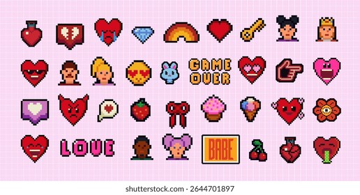 Y2k pixel art icon set with hearts, smile face and speech bubbles. Mood of 90's. 8 bit editable pixel vector illustration. Game abstract Happy Valentines Day elements.