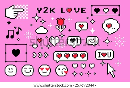Y2k pixel art icon set with hearts, smile face and speech bubbles. Mood of 90's. 8 bit editable pixel vector illustration. Game abstract Happy Valentines Day elements. Modern collage sticker pack