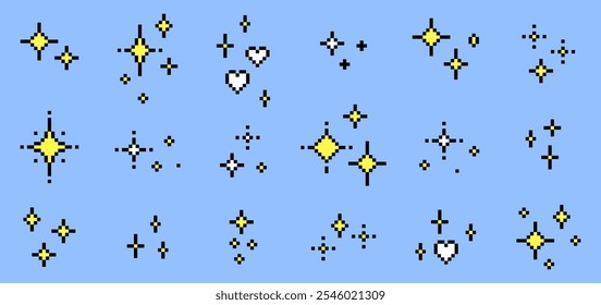 Y2k pixel art star sparkle set. Magic. Glitter icon pack. Sparkle elements. Mood of 90's aesthetics. 8-bit retro style editable vector illustration. Simple geometric shape for collage, winter design