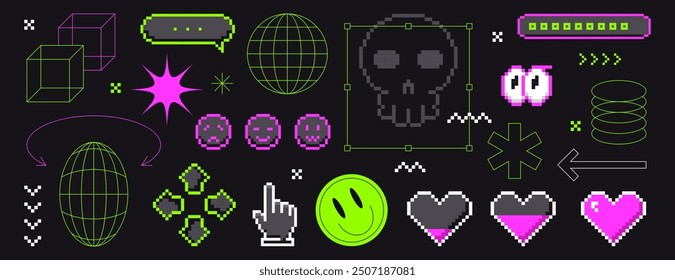 Y2k pixel art sticker set in 8bit retro style. Smile, eyes, lines, love heart and grid wireframe forms on black background. Pixelated geometric shapes. Futuristic elements, brutalism figures and stars