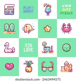 Y2K Pixel Art Summer Beach Iconos Patrón