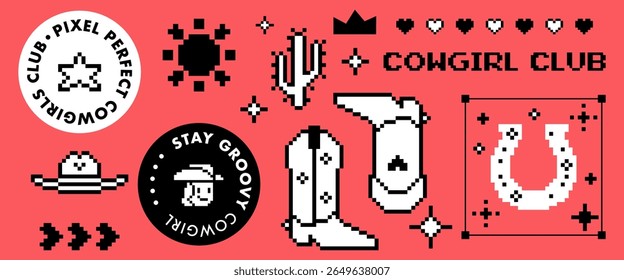 Ícones emotivos de cowboy Y2k pixel no plano de fundo vermelho-coral. 8 bit estilo selvagem oeste cowgirl partido elementos de botas ocidentais, ferradura, cacto, chapéu e sol para design digital, interface de jogo, mídias sociais