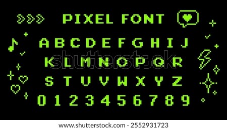 Y2k pixel font set. Game abstract elements. 8 bit alphabet symbols, letters and numbers. 90's aesthetics. Oldschool retro nostalgic typeface. Editable vector green elements on black background