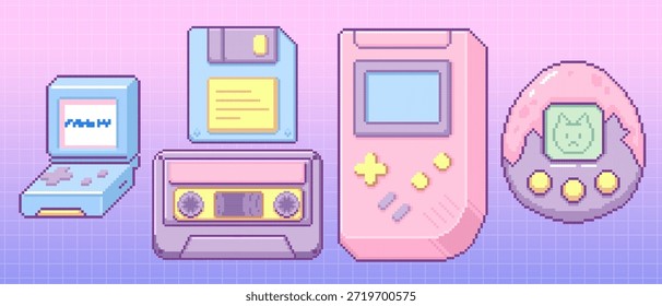 Y2k Pixel Gadget Aufkleber Set mit Retro 2000s Elektronik - Handheld-Konsole und Diskette, Kassettenspieler und tragbares Spielgerät, virtuelles Haustier Spielzeug. Nostalgische Pastellkollektion für Gamer-Design.