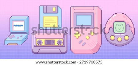 Y2k pixel gadget sticker set with retro 2000s electronics - handheld console and floppy disk, cassette player and portable gaming device, virtual pet toy. Nostalgic pastel collection for gamer design.