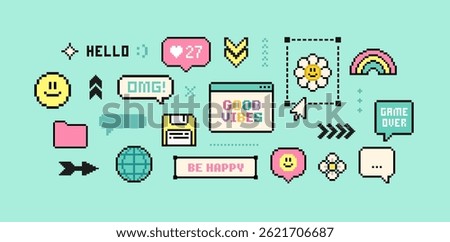 Y2k Pixel game elements and stickers of Good Vibes 90's aesthetics (set 3). 8-bit retro game background. Y2k geometric forms brutalism UI interface. Playful Pixel PC Icons pack 
