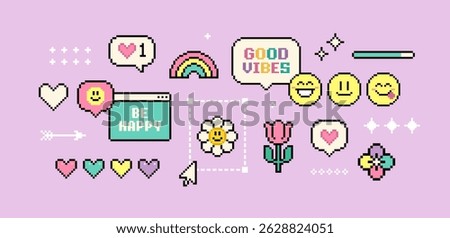Y2k Pixel game elements and stickers of Good Vibes 90's aesthetics (set 2). 8-bit retro computer game background. Simple geometric forms. Playful Pixel Icons pack 
