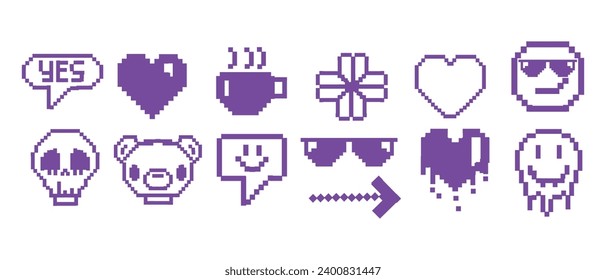 Juego de iconos de juego de píxeles Y2k, kit de emoticones de sonrisa retro vectorial, signo de 8 bits de cyber divertido, signo de corazón. Vintage objeto de chat digital de los años 90, cara linda, taza de café, burbuja de habla, cráneo, flecha. Icono de píxel corto