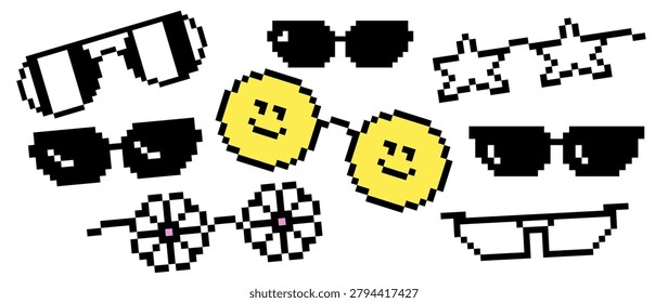 Y2K pixel glasses pack. Star frames, smile sunglasses, daisy flower glasses. Retro 8-bit eyewear icons. Trendy accessory stickers for avatars, gaming, memes, social media, digital creative projects