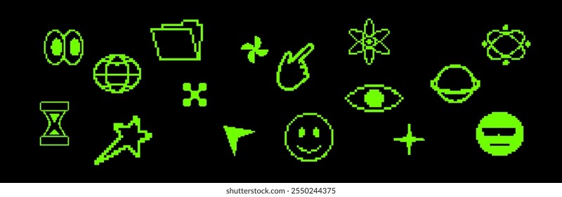 Y2K pixel gráfico conjunto com símbolos como blastos, ondas, e vintage ícones de computador, trazendo uma nostálgica 80s e 90s digital estética para qualquer projeto.