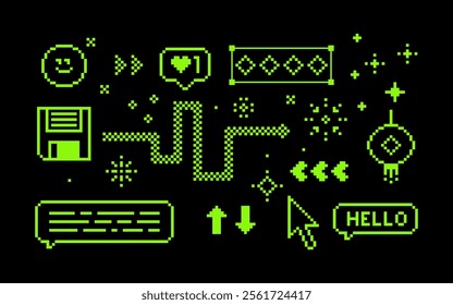 Y2k pixel icon set. Game abstract elements. Mood of 90s aesthetics. 8 bit retro style vector illustration. Black background. Simple geometric form, smile face, arrow, symbol, snake. Acid green icons