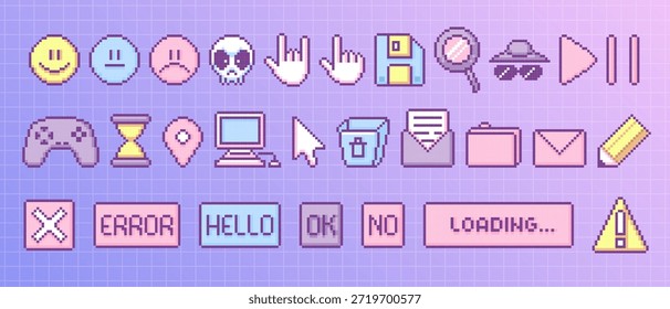 Conjunto de iconos de píxeles Y2k con Elementos de interfaz de usuario de juegos retro: emoticonos vintage y manos de cursor, disquete, reloj de arena y símbolos de Web antiguos. Colección nostálgica de los años 2000 para la interfaz digital o el diseño App.
