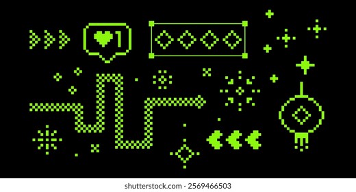 Y2k pixel icon set. Simple geometric shape, lantern, firework, snake. Video game abstract elements. Mood of 90s aesthetics. 8 bit retro style vector illustration. Black background. Acid green icons