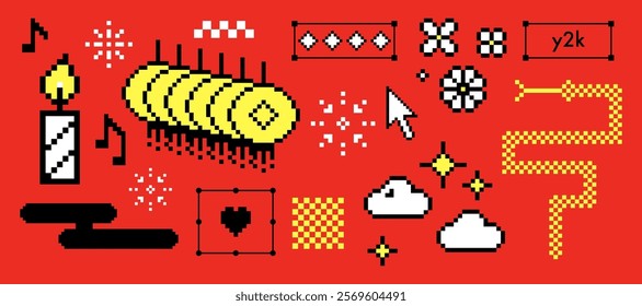 Y2k pixel icon set. Simple geometric shape for design, collage. Lantern, candle, snake. Video game abstract elements. Mood of 90s aesthetics. 8 bit retro style vector illustration. Red background