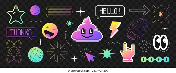 Y2k pixel icons in 8bit retro style. Pixelated gradient smile face, arrow, poop sticker, aesthetic lines, wireframe grid shapes. Rock hand sign, power button, speech bubbles with word thanks and hello