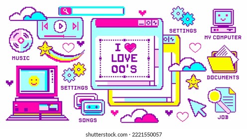 y2k pixel icons, Old computer browser in 00s vaporwave style with hipster stickers. Retrowave 8-bit pc desktop with popup user interface elements, message boxes. Vector illustration of UI and UX