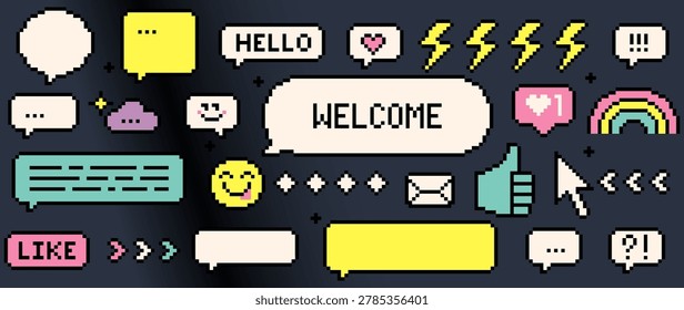 Y2K pixel internet UI pack in retro 8-bit style. Chat bubbles, notifications, cursor, emoji, social interaction elements on dark background. Trendy messaging aesthetic for apps, digital interfaces