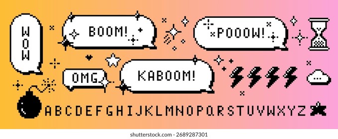 Y2k pixel retro caixa de diálogo definir, fonte, frases Pow, Kaboom, Wow, Boom, Omg, ícone da bomba. Elementos vetoriais de comunicação de 8 bits de bolhas de fala para mensagem de texto, interface de jogo, design nostálgico arcade