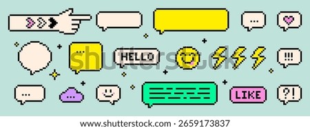 Y2k pixel retro dialogue box set. 8 bit communication elements of speech bubble, chat balloon, forefinger pointing icon, smile face for text message, game interface, streaming overlay, social media 