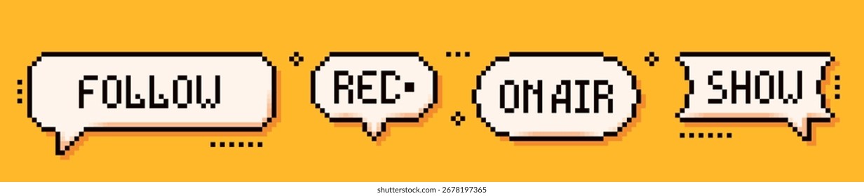 Y2K Pixel-Sprechblasen. Schaltflächen mit Follow, Rec, on air und Text auf gelbem Hintergrund anzeigen.