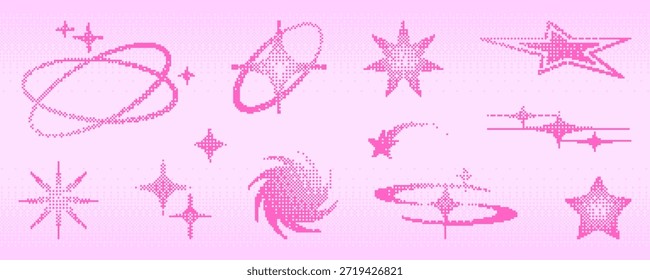 Y2k pixel star shape icon set with halftone gradients in pink on pastel background. Retro bitmap graphics - sparkles, orbital rings and burst decorative elements for nostalgic digital aesthetic
