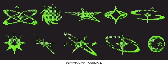 Y2k pixel star shapes in bright green - abstract retro geometric icons with halftone dots on dark background. Nostalgic vector elements for vintage web graphics or futuristic digital design projects.