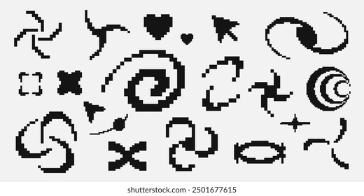 Y2K pixel style asset. Y2K retro futuristic elements for posters, flyers, banners, streetwear, social media. Pixel 8 bit vector abstract shapes, symbols, frames and objects. Y2K aesthetics.