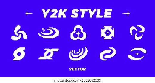 Y2K pixel style asset. Y2K retro futuristic elements for posters, flyers, banners, streetwear, social media. Pixel 8 bit vector abstract shapes, symbols, frames, objects. Y2K aesthetics.