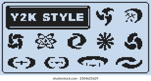 Y2K pixel style asset. Y2K retro futuristic elements for posters, flyers, banners, streetwear, social media. Pixel 8 bit vector shapes, symbols, objects. Y2K aesthetics.