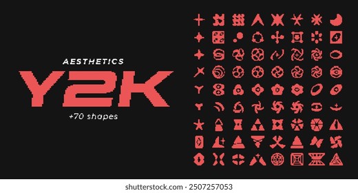 Y2K pixel style asset. Y2K retro futuristic elements for posters, flyers, banners, streetwear, social media. Set of pixel 8 bit vector shapes, objects. Y2K aesthetics.