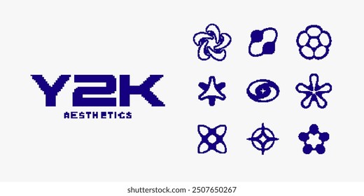 Y2K pixel style asset. Y2K retro futuristic elements for posters, flyers, banners, streetwear, social media. Set of pixel 8 bit vector shapes, objects, symbols. Y2K aesthetics.