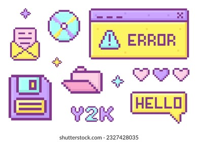 conjunto de objetos y2k pixel de moda, interfaz de computadora antigua, elementos retro pc, estilo de 1990s 2000s, arte píxel, disco cd, disquete, carpeta, corazón, nostalgia, ilustración vectorial