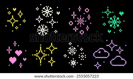 Y2k pixel winter video game elements set. Cute Christmas icons with snowflake, star, sparkle, heart, crystal and snow designs. Vector bright elements on black background. Magic party light texture