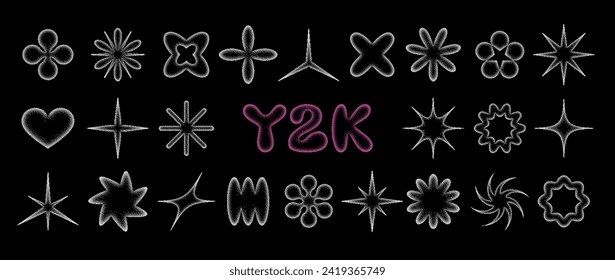 Y2k pixelated shape set - star, spark, flower and other abstract objects. Collection of isolated vector retro elements for modern 2000s design