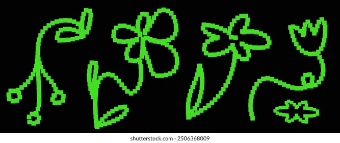 Y2k Pixeled Flowers. Acid green colors. Retro vape symbol. Trendy modern elements for poster. Vector bitmap illustration