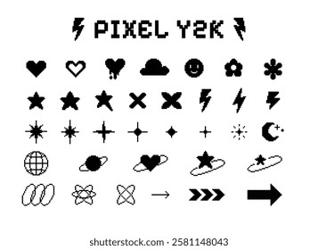 Y2K Pixels art elements vector set. Black heart, smile, arrow, flower, globe shape with squared contour. Mood of 90's aesthetics, lightning, crescent moon. 8 bit retro simple geometric form icon pack