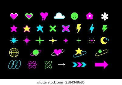 Y2K Pixels art elements vector set. Colorful heart, smile, arrow, flower, globe shape with squared contour. Mood of 90's aesthetics, lightning, crescent moon. 8bit retro simple form icon pack on black