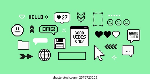 Y2k Pixels game elements set of 90's aesthetics. 8-bit retro style vector illustration. PC deckstop pixel icons background. Trendy geometric brutalism UI elements. Simple fpixel forms in geek style